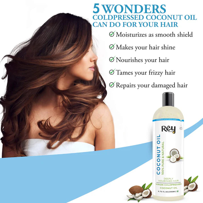 Rey Naturals - Coconut Oil | 100% Pure & Natural Virgin Coconut Oil for Hair and Skin | Hair Growth, Strengthens Hair, Improves Scalp Condition | 200ml