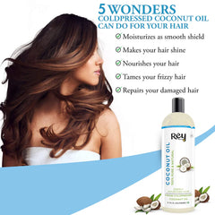 Rey Naturals - Coconut Oil | 100% Pure & Natural Virgin Coconut Oil for Hair and Skin | Hair Growth, Strengthens Hair, Improves Scalp Condition | 200ml