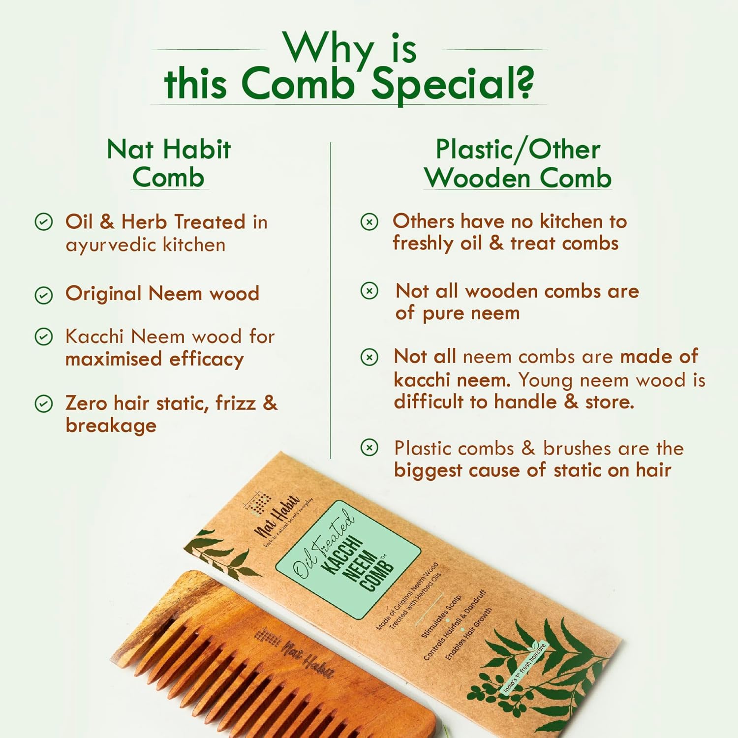 Nat Habit - Oil Treated Kacchi Neem Handmade Wooden Comb - Wide Tooth for Post Shampoo Detangling