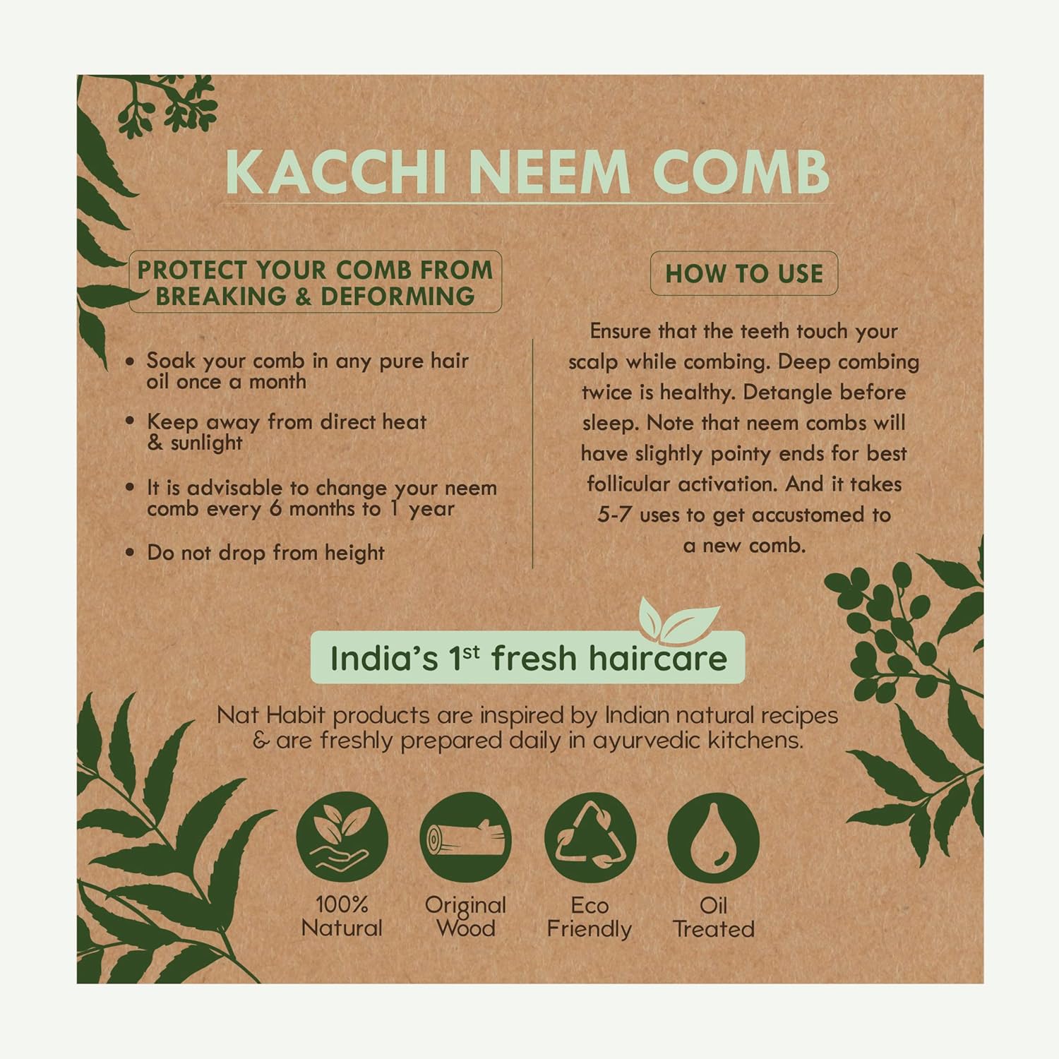 Nat Habit - Oil Treated Kacchi Neem Ayurvedic Wooden Comb - Dual Tooth for Detangling & Frizz Control