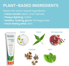 Plant-based ingredients panel with xylitol, neem, pomegranate, and mint illustrations.