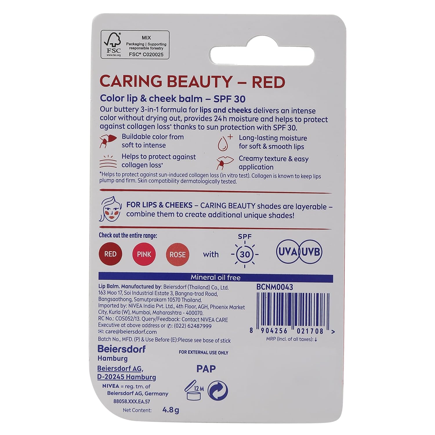Nivea - Caring Beauty SPF 30 Lip & Cheek Tint Balm with Shea Butter & Almond Oil Red 4.8g