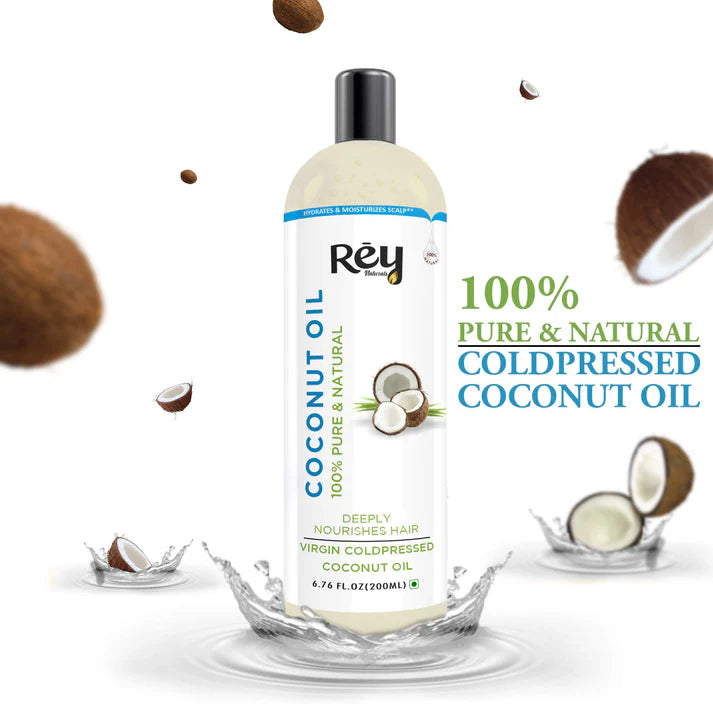 Rey Naturals - Coconut Oil | 100% Pure & Natural Virgin Coconut Oil for Hair and Skin | Hair Growth, Strengthens Hair, Improves Scalp Condition | 200ml