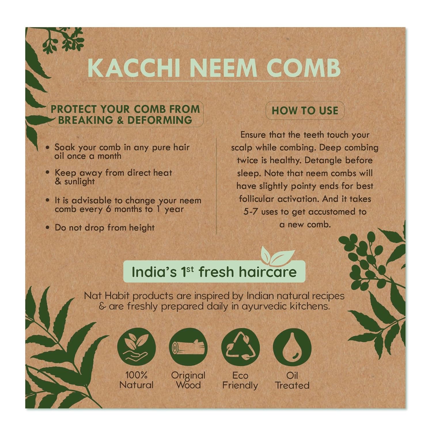Nat Habit - Oil Treated Kacchi Neem Handmade Wooden Comb - Wide Tooth for Post Shampoo Detangling