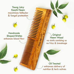 Nat Habit - Oil Treated Kacchi Neem Ayurvedic Wooden Comb - Dual Tooth for Detangling & Frizz Control