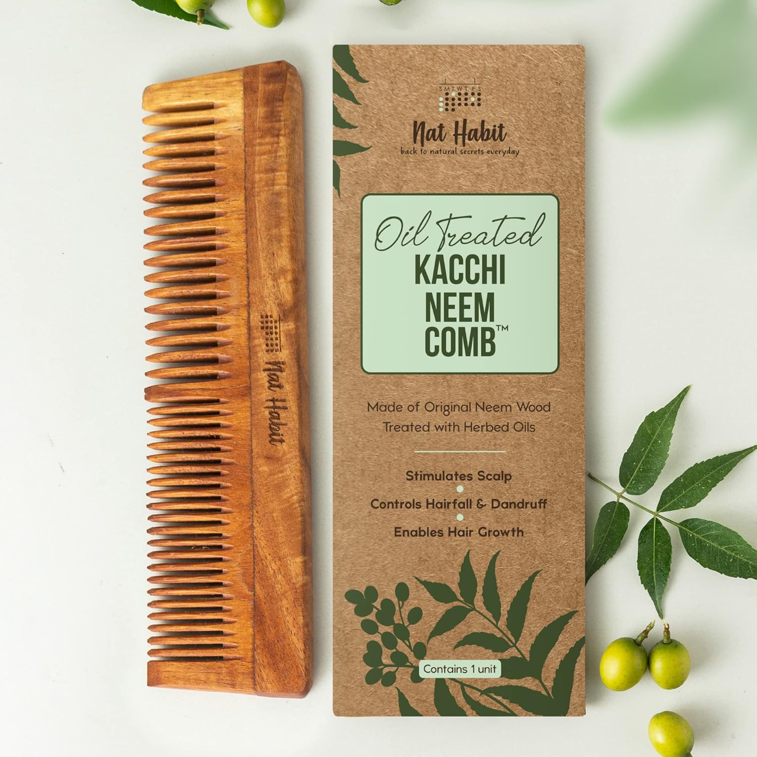 Nat Habit - Oil Treated Kacchi Neem Ayurvedic Wooden Comb - Dual Tooth for Detangling & Frizz Control