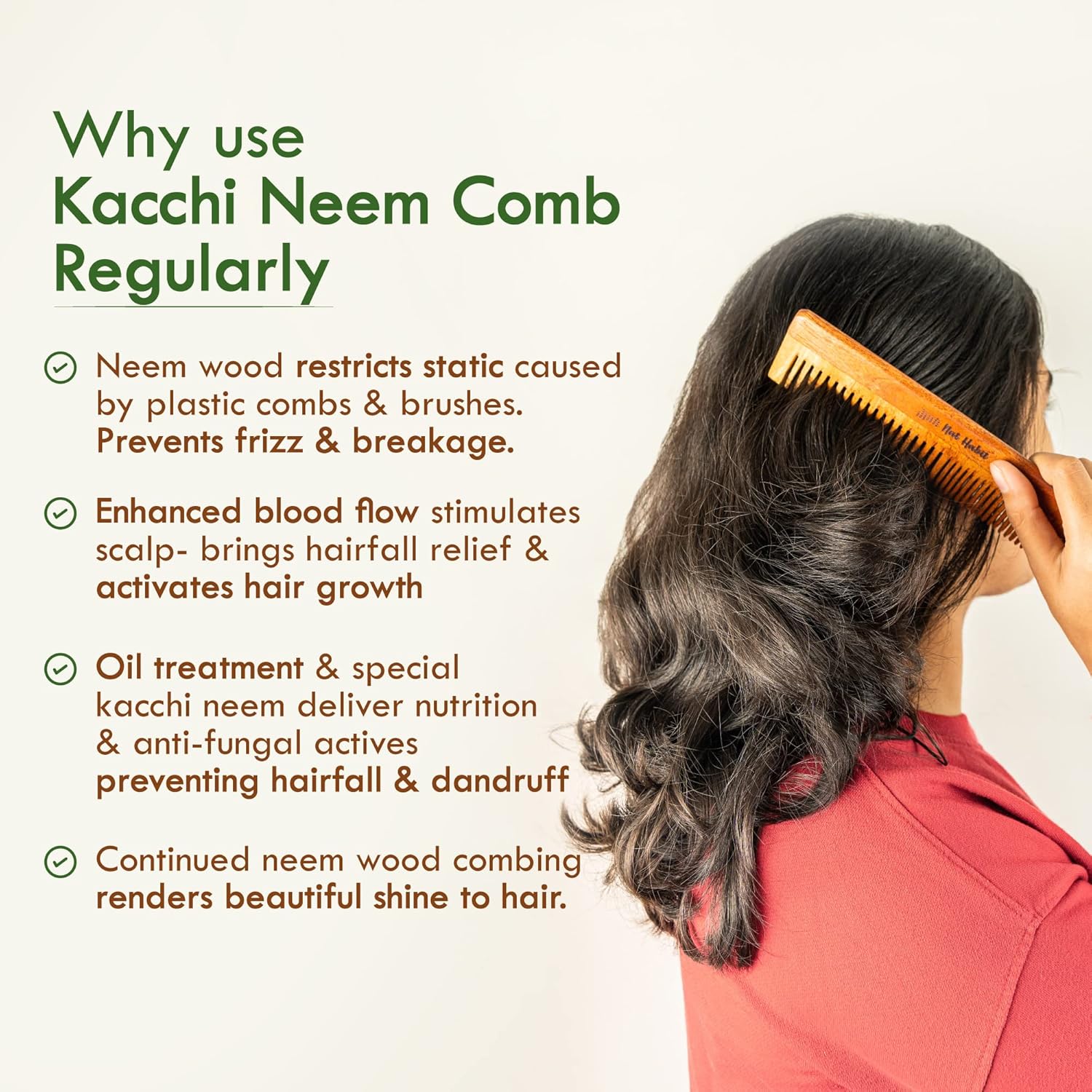 Nat Habit - Oil Treated Kacchi Neem Ayurvedic Wooden Comb - Dual Tooth for Detangling & Frizz Control