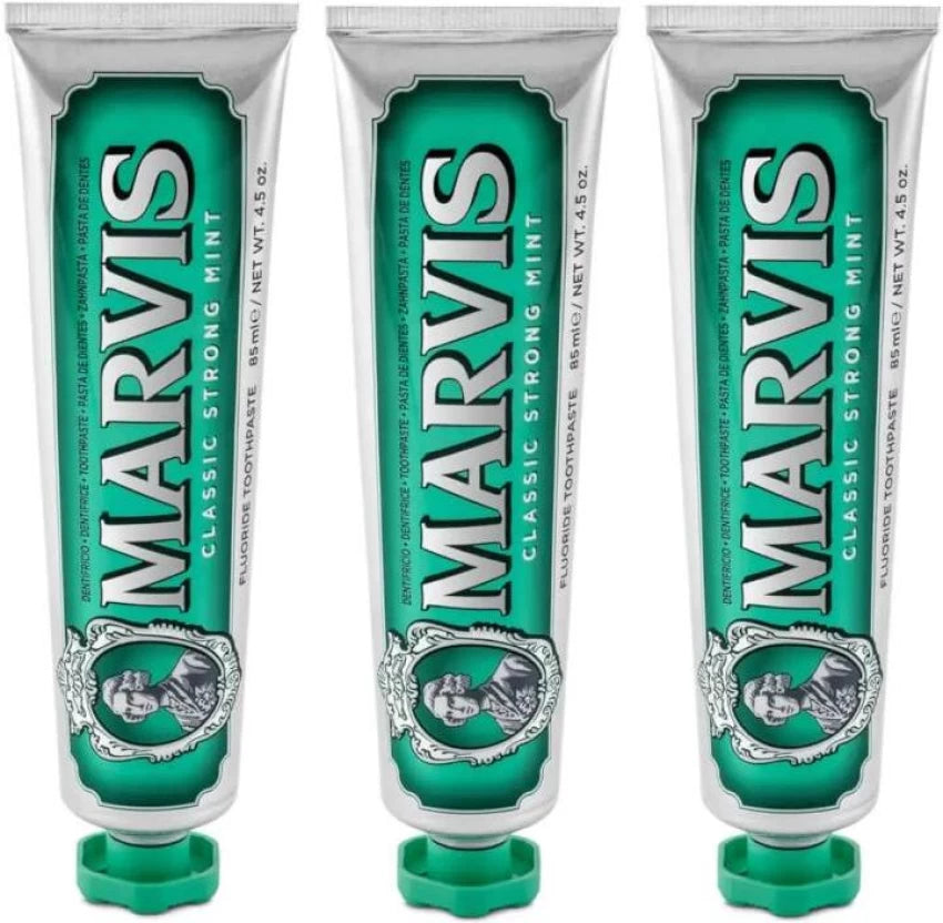 Marvis Classic strong mint toothpaste tubes, green 3-pack with screw caps