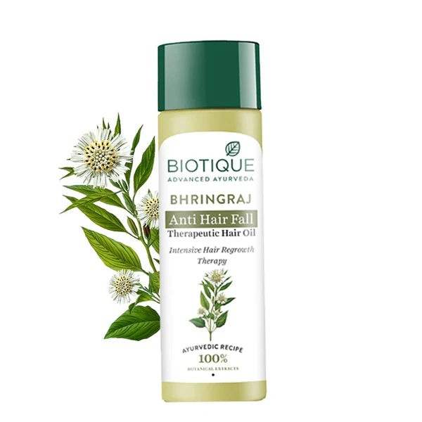 Biotique Advanced Ayurveda Bhringraj anti hair fall therapeutic oil bottle, green cap