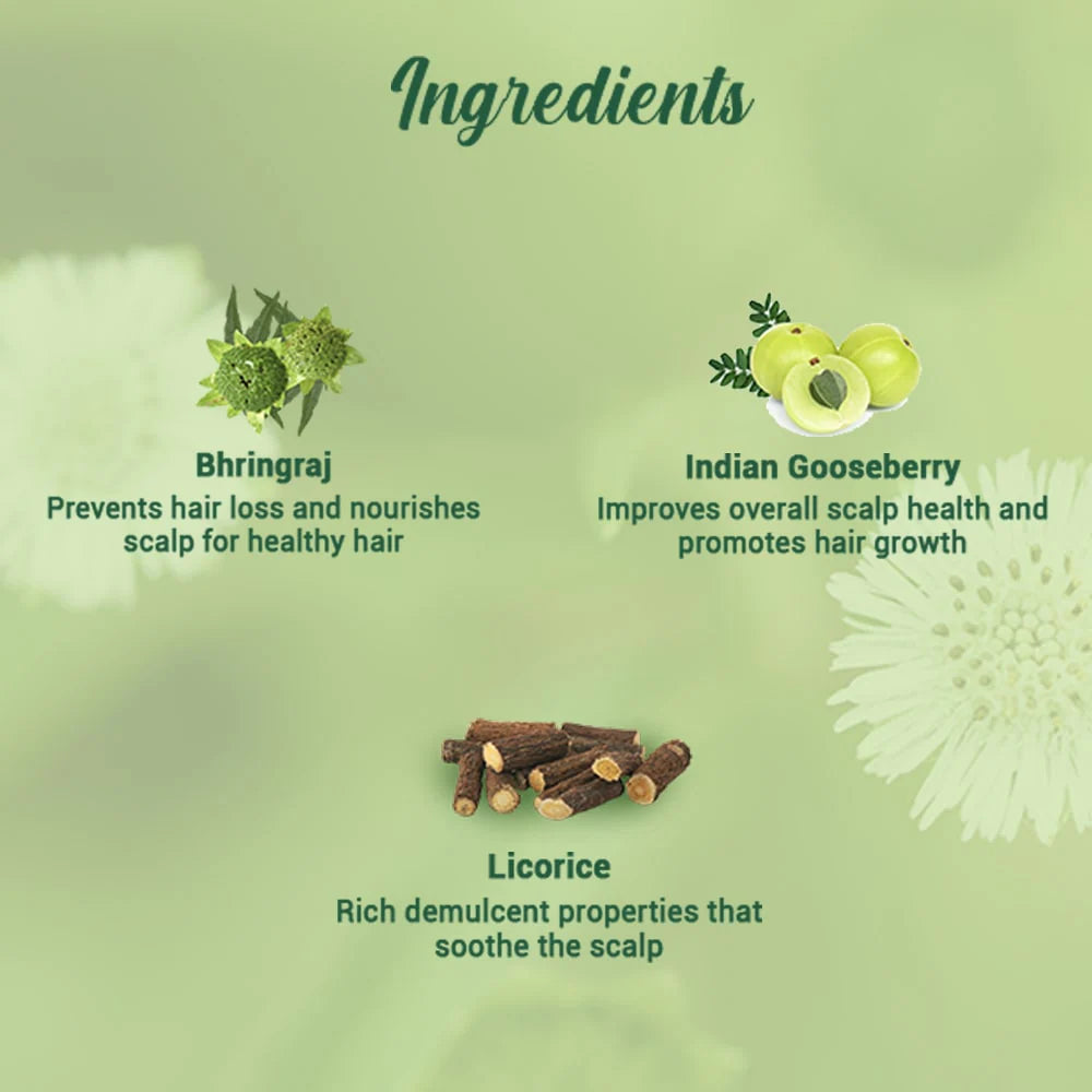 Hair oil ingredients graphic featuring Bhringraj, Indian gooseberry, and licorice
