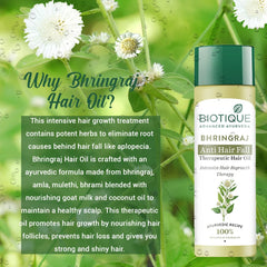Hair oil bottle next to infographic titled “Why Bhringraj Hair Oil?”