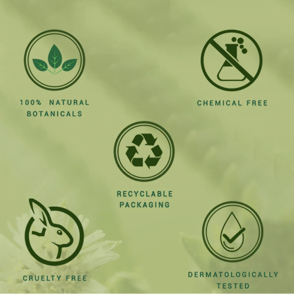 Hair oil label icons: 100% natural botanicals, chemical free, recyclable, cruelty free