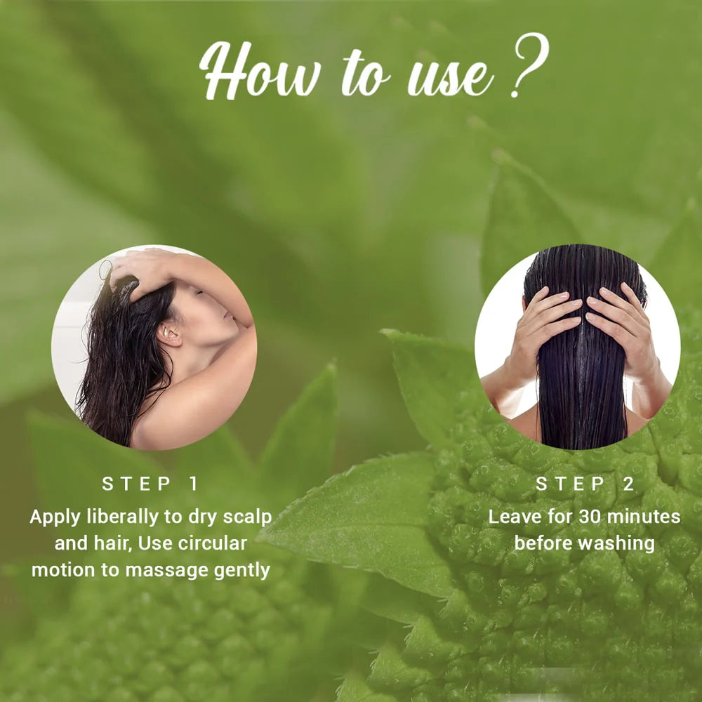 Hair oil “How to use?” infographic with Step 1 and Step 2 instructions