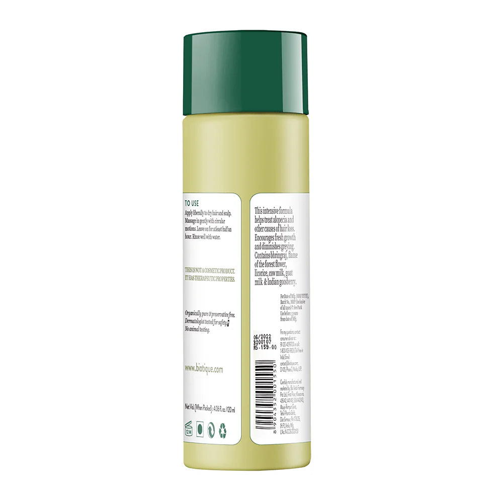 Biotique hair oil bottle back panel with barcode and printed ingredient details