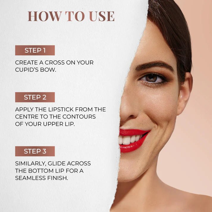 Woman applying pink lipstick to upper and lower lips with creamy coverage