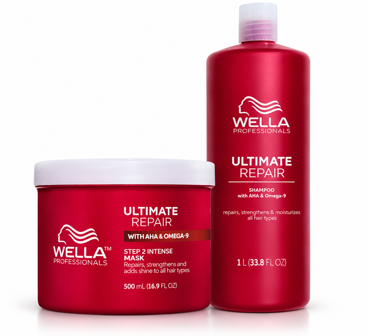 Wella Professionals Ultimate Repair shampoo bottle and hair mask jar, red