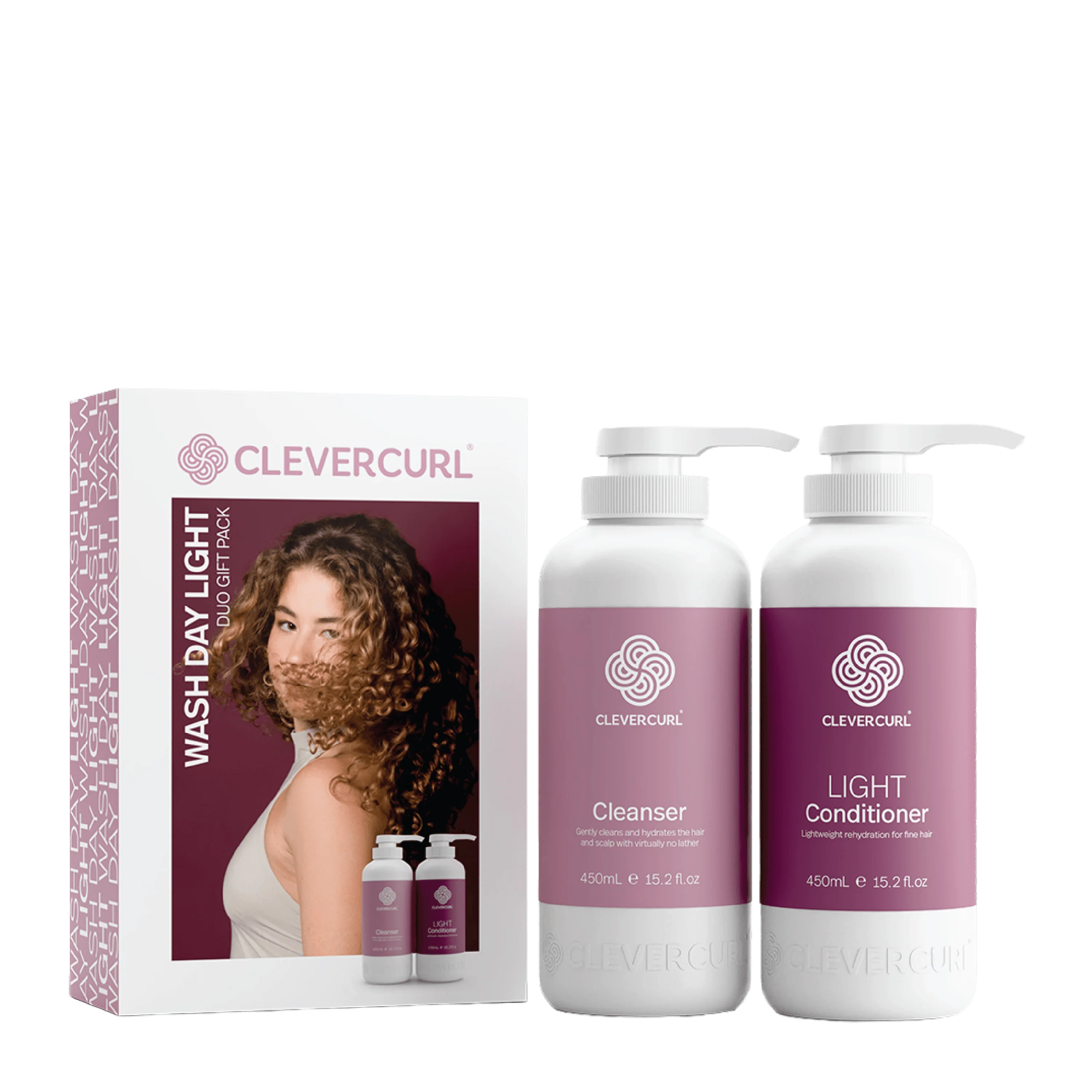 Clever Curl wash day duo: cleanser and light conditioner bottles with pump, purple labels