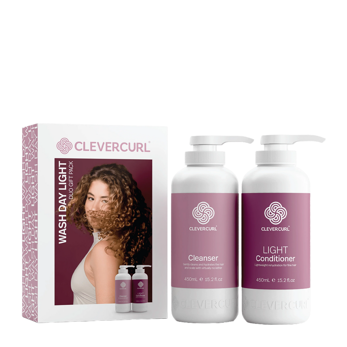 Clever Curl wash day duo: cleanser and light conditioner bottles with pump, purple labels