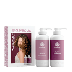 Clever Curl wash day duo: cleanser and light conditioner bottles with pump, purple labels