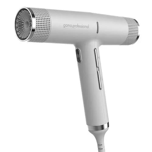 Gama Professional iQ Perfetto hair dryer in silver with nozzle and side vents