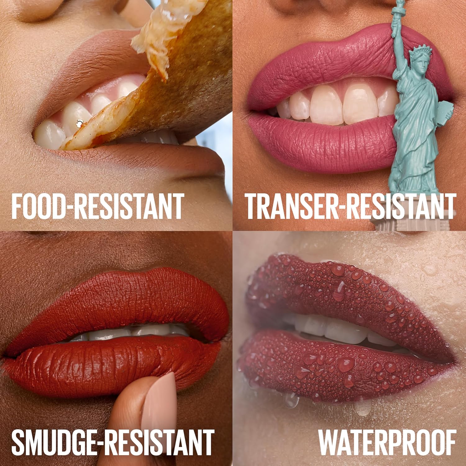 Matte liquid lipstick on lips with full-color coverage and defined edges