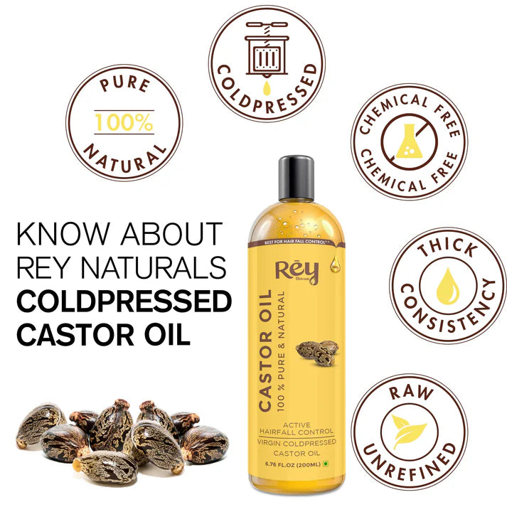 Rey Naturals - Cold Pressed Extra Virgin Castor Oil For Hair Growth | Nourishing Hair Oil For All Hair Types | Deeply Moisturizes, Repairs And Strengthens Hair | For Hair Growth And Adds Shine | 200ml