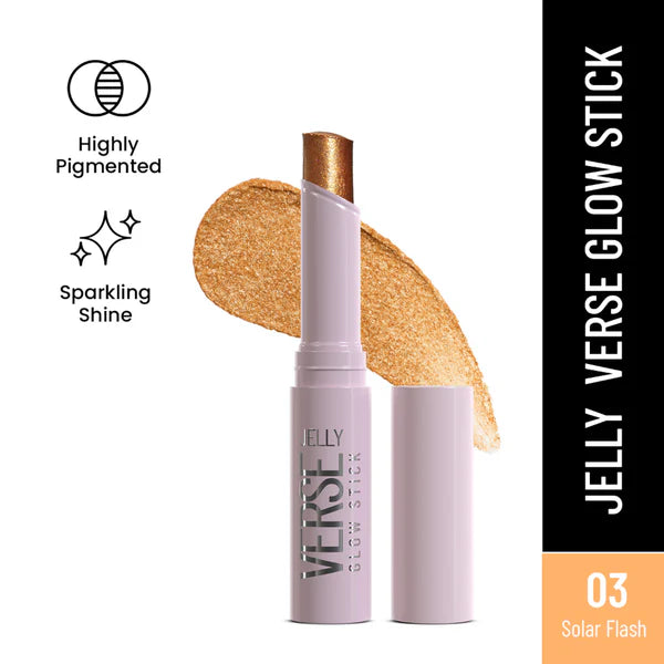 Jelly Verse Glow eyeshadow stick in Solar Flash, bronze-gold glitter with applicator tip