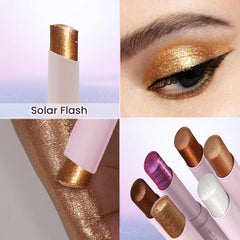 Bronze-gold shimmer eyeshadow stick with glitter swatch on closed eye