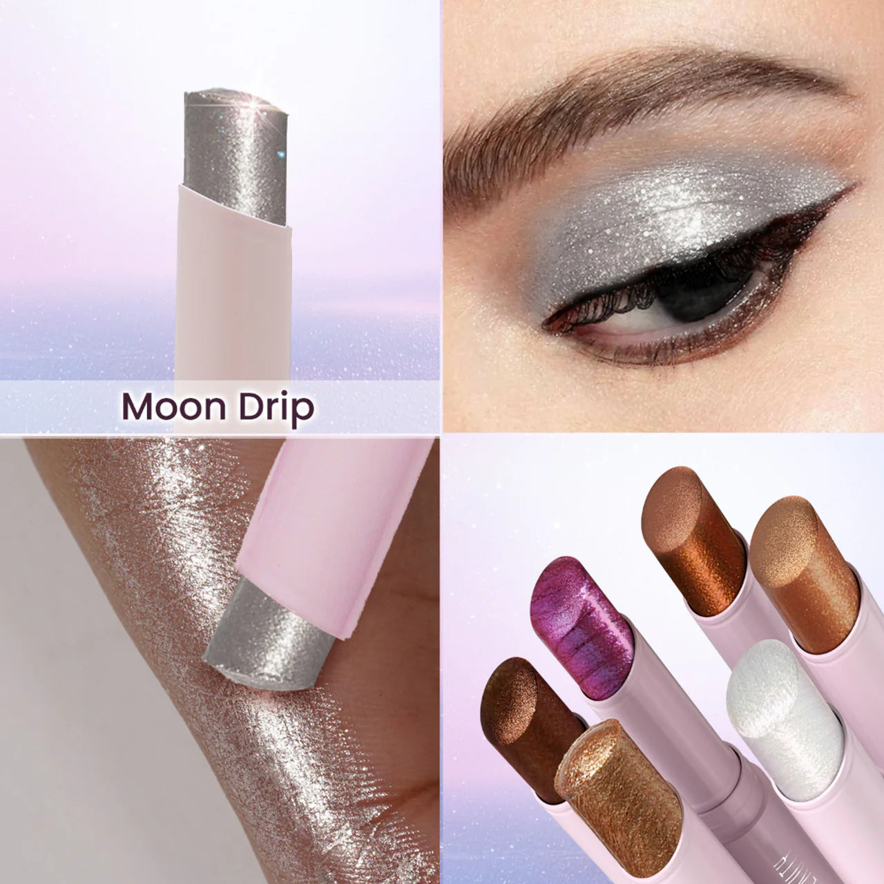 Lavender shimmer eyeshadow stick, shown with on-eye glitter application