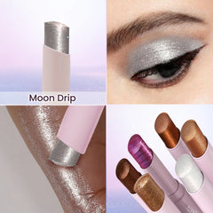 Lavender shimmer eyeshadow stick, shown with on-eye glitter application