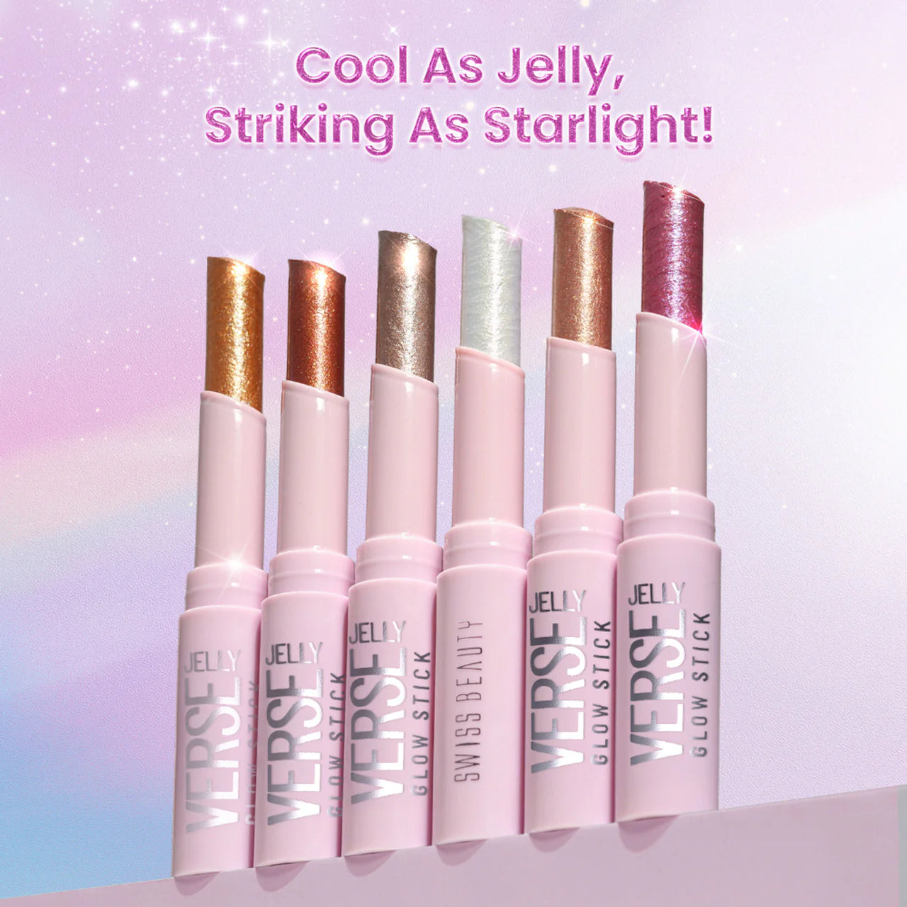Row of glow eyeshadow sticks in pink-toned tubes with glittery gold and rose tips
