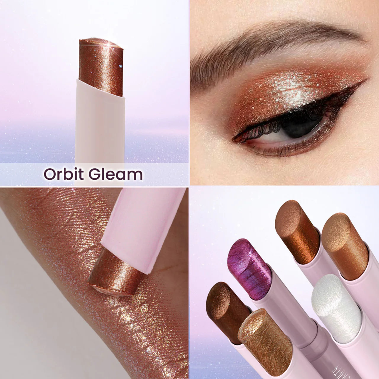 Bronze shimmer eyeshadow stick and close-up of eyelid with glittery winged liner