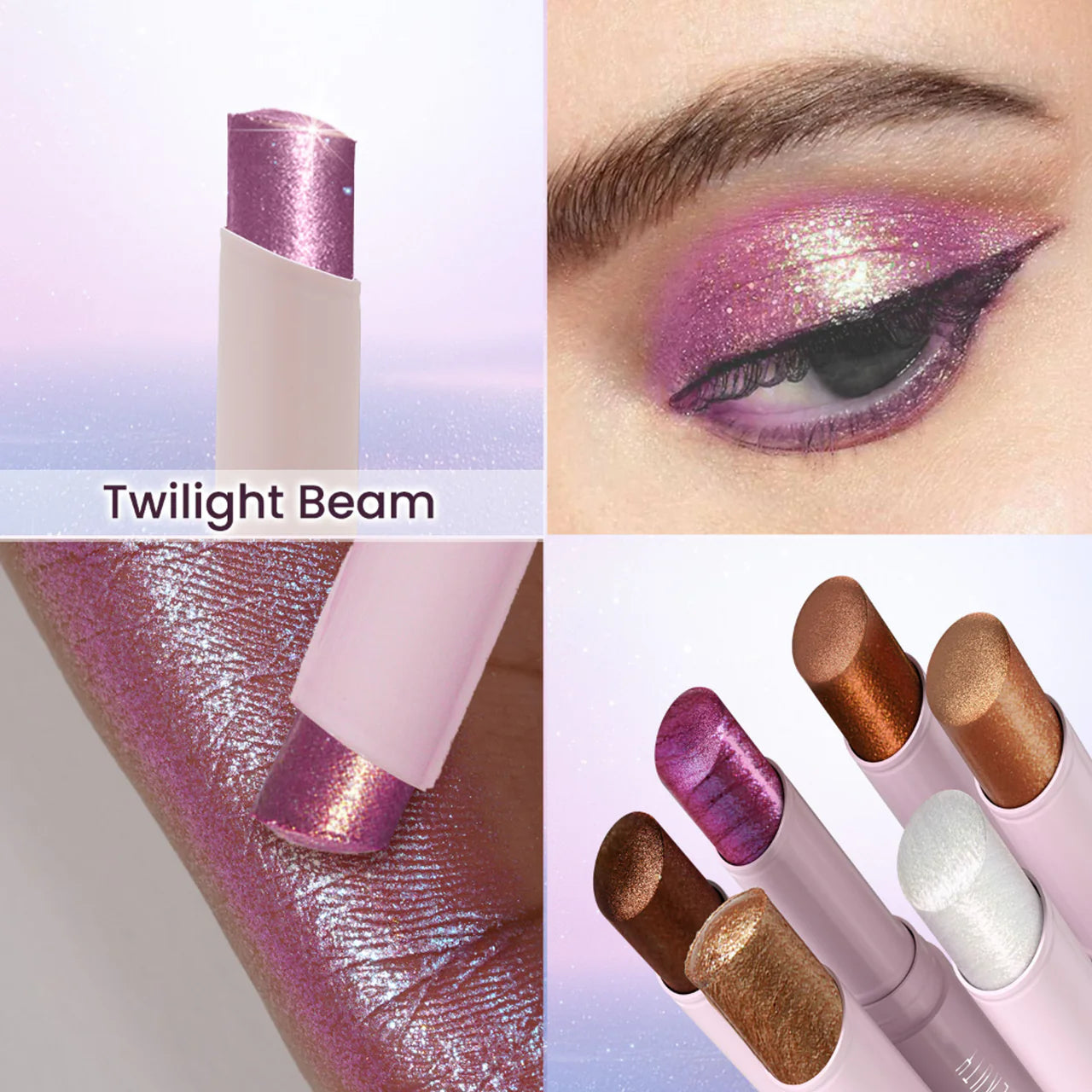 Jelly glow stick shade with purple glitter eye makeup and metallic swatches