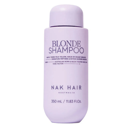 Blonde shampoo bottle, purple with cap; 350 ml, NAK Hair Australia.