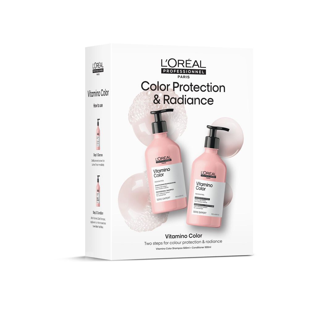 L'Oreal Professionnel Vitamino Color duo pack box with two pink color-protecting bottles