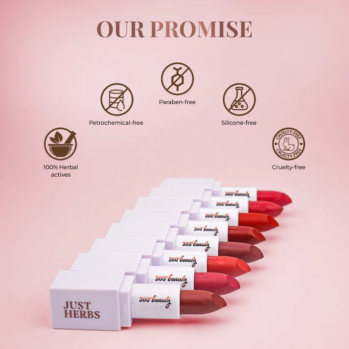 Row of pink mini lipsticks in white boxes with brand promise icons