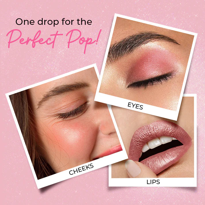 Just Herbs Halo Glow Blush Drops swatches on eyes, cheeks, and lips