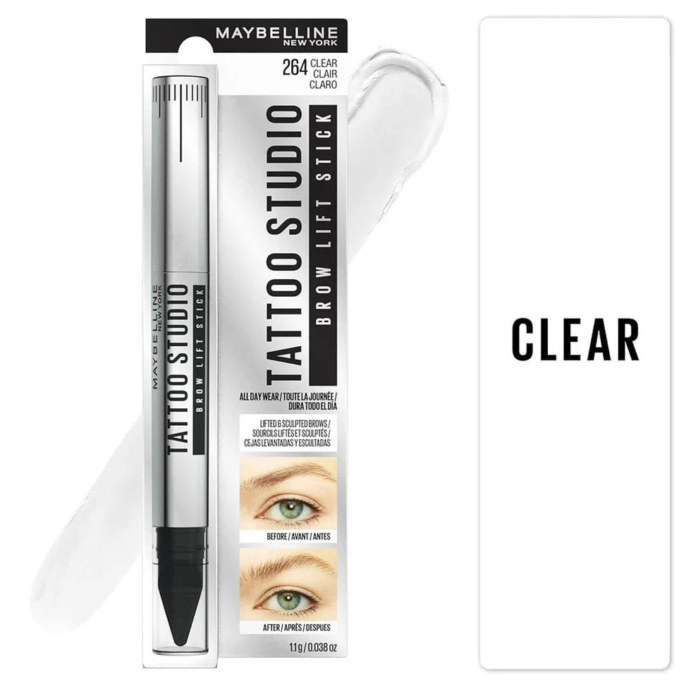 Clear brow lift stick package with applicator tube and pulled-on gel strip