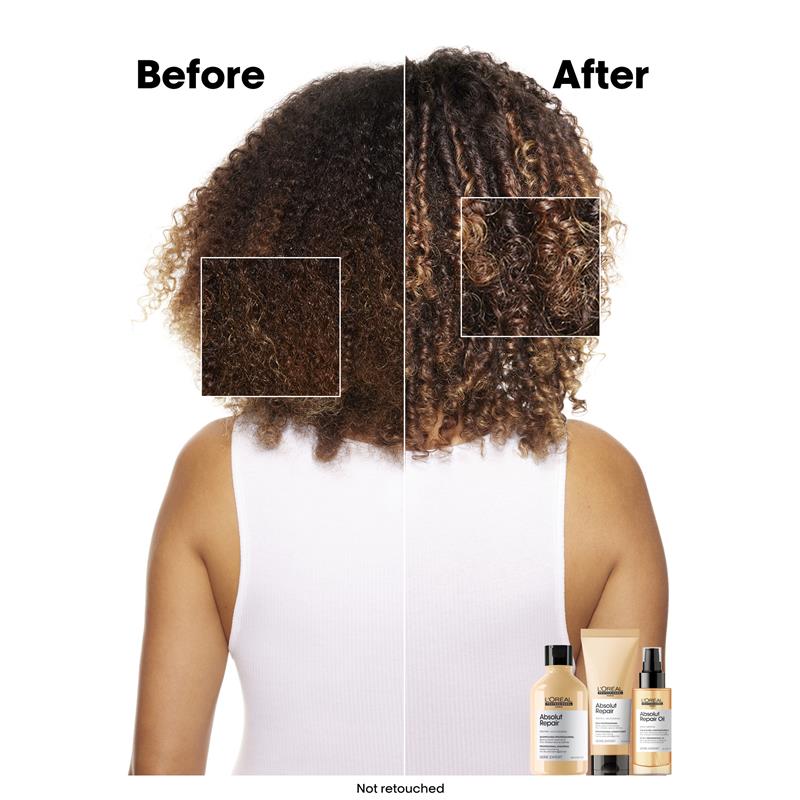 Conditioner bottles shown with curly hair before-and-after split view