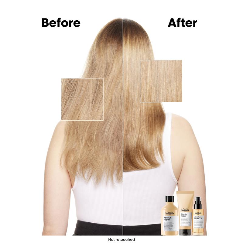 Conditioner bottles shown with straight hair before-and-after split view