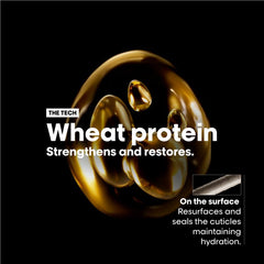 Golden droplet and protein-style graphic for hair conditioner