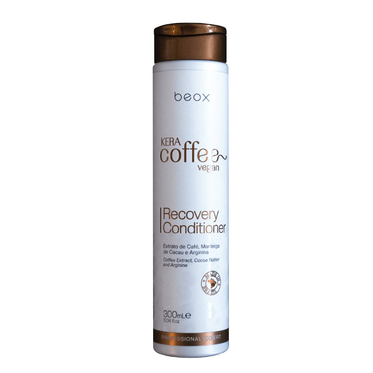 beox recovery conditioner bottle, coffee vegan formula, 300 ml, white with brown cap.