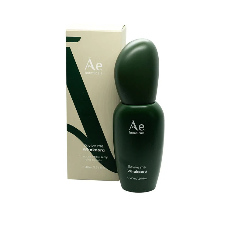 Dark green Ae botanicals hair & beard serum bottles with cream product box