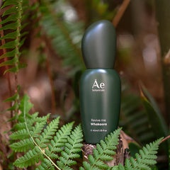 Dark green Ae botanicals serum bottle standing on moss and ferns
