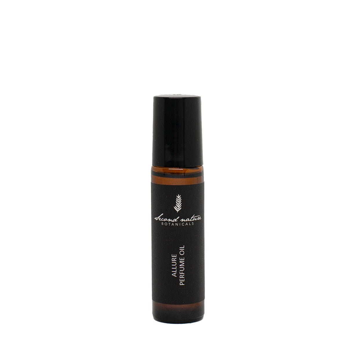 Perfume oil bottle with black cap, dark label, and amber band at center