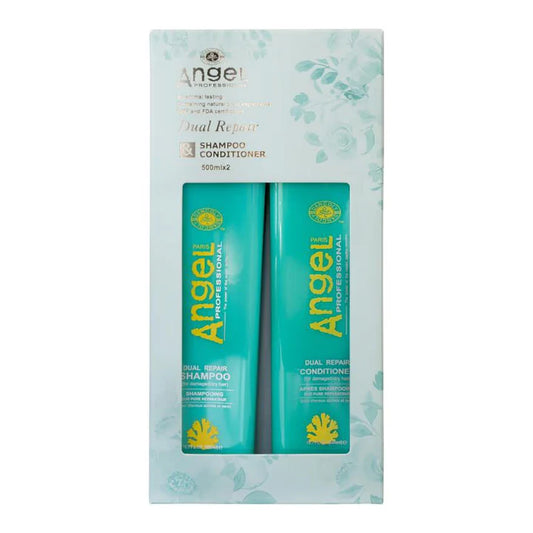 Angel dual repair shampoo and conditioner duo pack in box, teal bottles, 500ml each