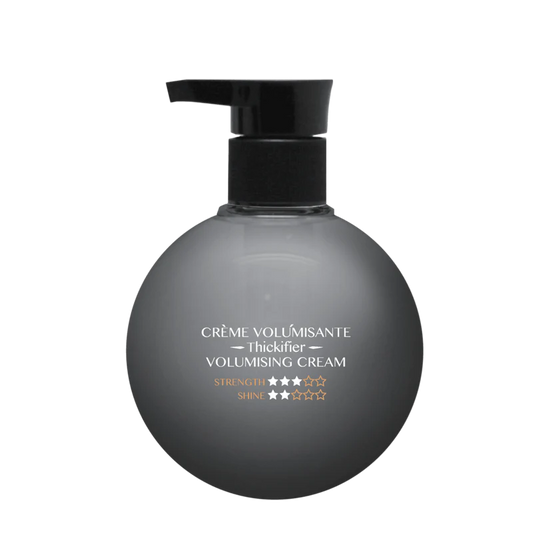 Angel volumising cream pump bottle with dark gray spherical container and front label