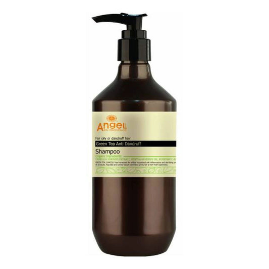 Brown shampoo bottle with black pump, label for anti-dandruff green tea