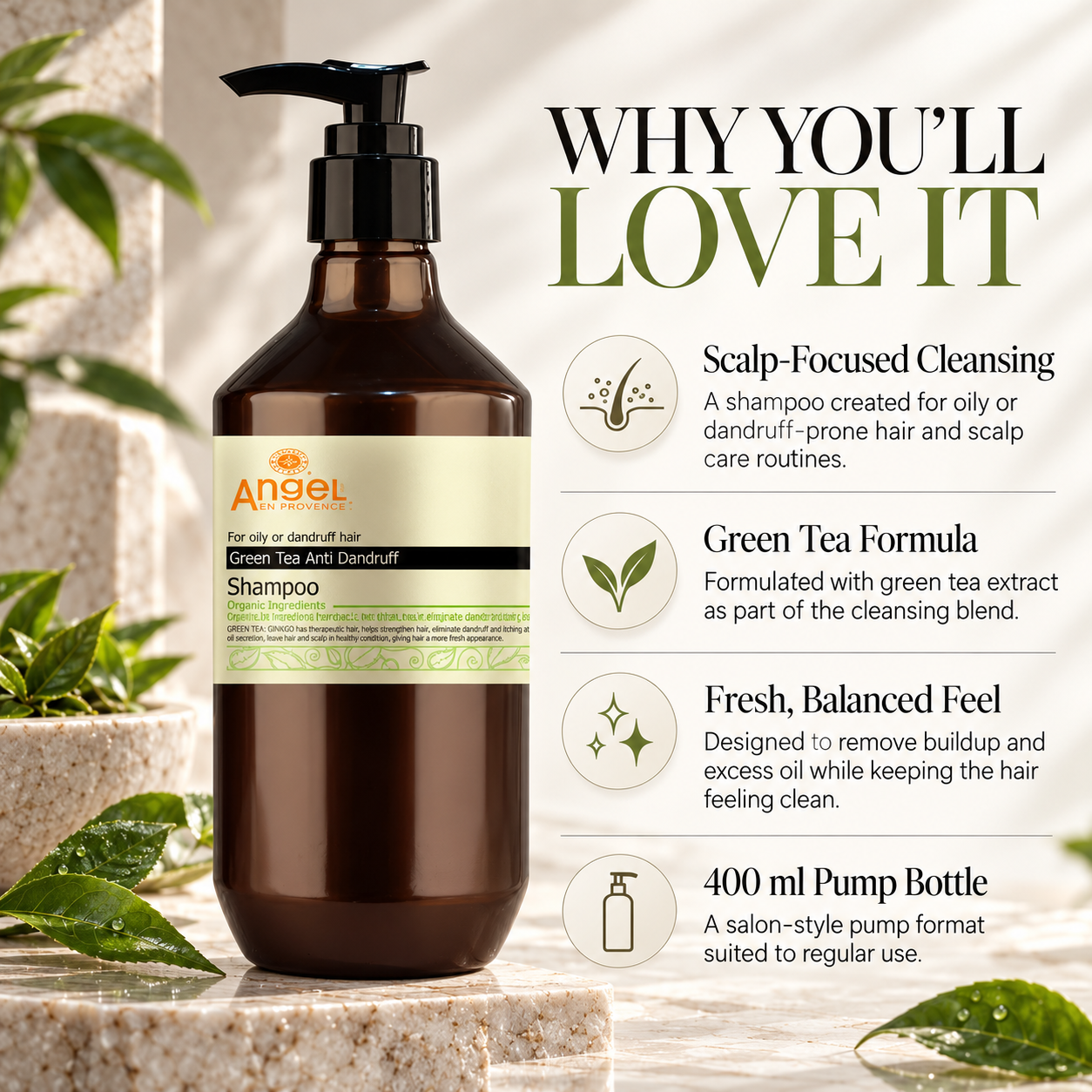 Angel green tea anti-dandruff shampoo, 400 ml pump bottle with cleansing scalp care