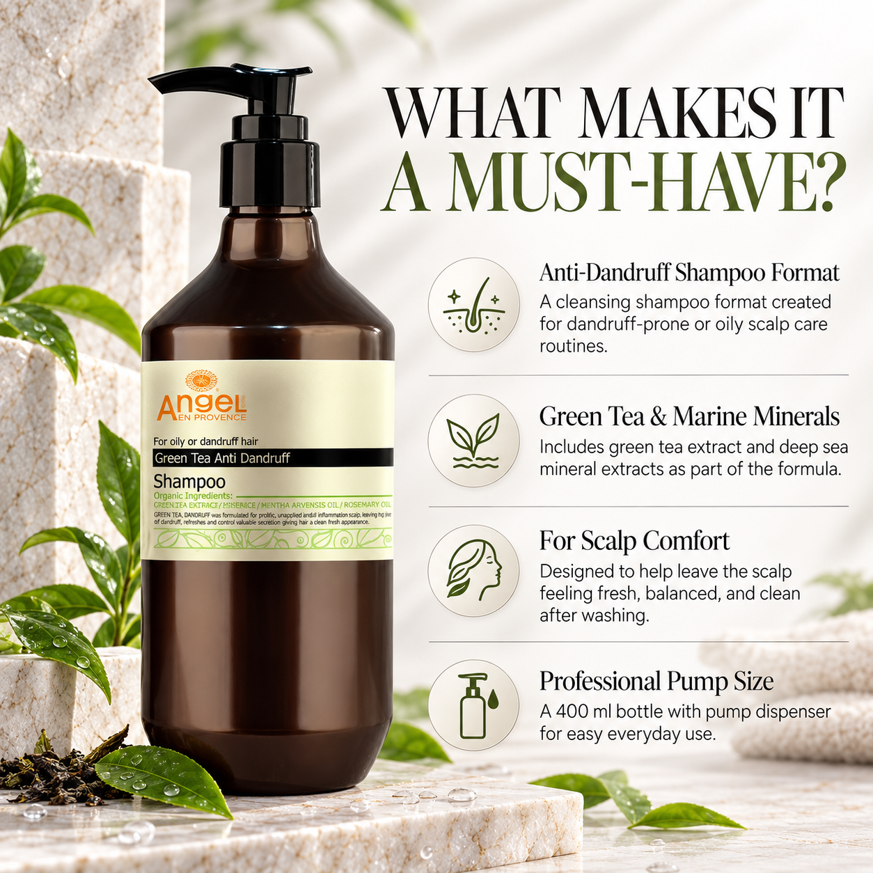 Angel green tea anti-dandruff shampoo with pump dispenser for scalp comfort